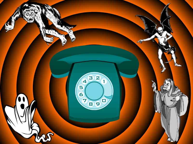 Ghost, werewolf, with, and imp reacting in fear to a telephone